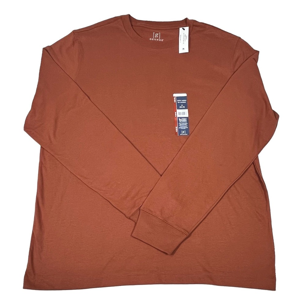 George Men's Long Sleeve Crew Neck Tee Rust Brown 100% Cotton Medium NWT Casual.